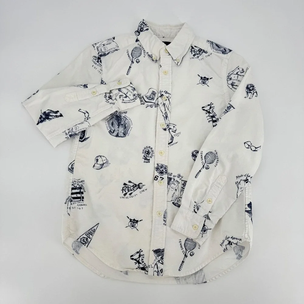Ralph Lauren Boys M (10-12) Button-Down Shirt — White with Collegiate/Prep Print